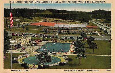 #ad Postcard Kingsport Tennessee: Legion Pool Auditorium and Fred Johnson Park