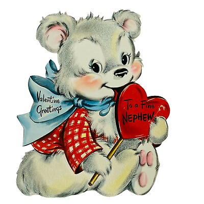 #ad Vintage Valentine 1950 Hall Bros Easel Back To a Fine Nephew Flocked Paper Bear