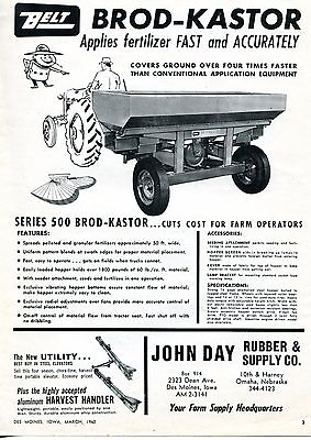 #ad 1962 Dealer Print Ad of John Day Rubber amp; Supply Belt Brod Kastor 500 Spreader