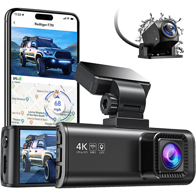 #ad REDTIGER 4K Dual Dash Camera Front and Rear Dash Cam WIFIamp;GPS With 64GB SD Card