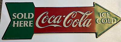 #ad Coca Cola Metal Sign Tacker Type Style Diecut Embossed Arrow Coke Repro VTG 1990
