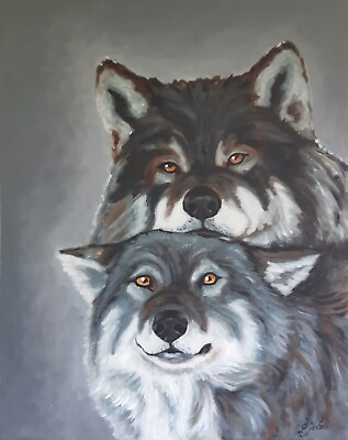 #ad Wolf Love Original Painting Animal Art Wildlife Couple Wolves Artwork 16 by 20in