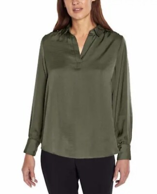 #ad Banana Republic Womens Satin Blouse Olive Green Collared Top Pullover Top XXL 2X