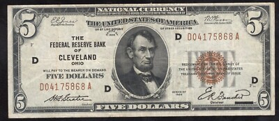 #ad #ad *#x27; 1929 $5 CLEVELAND FRBN FEDERAL RESERVE BANK NOTE Fr 1850 D 75868.