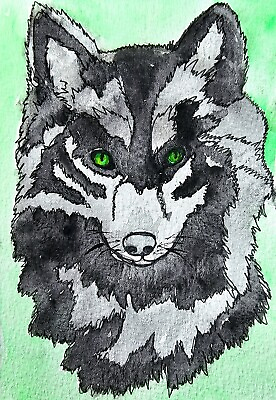 #ad Gray Wolf Watercolor Painting Handmade Wildlife Portrait Majestic Wolf