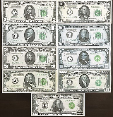 #ad Reproduction 1934 Federal Reserve Note Set $5 $10000 Complete Set See Below