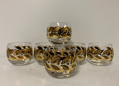Vintage Federal Roly Poly Barware Glasses Gold Black Laurel Leaf MCM NICE