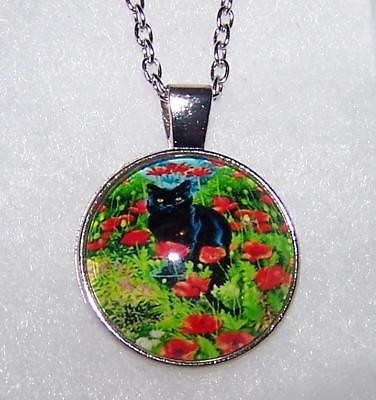 #ad Silver 20quot; sterling Necklace female Pendant CAT BLACK RED POPPY FLOWER free box