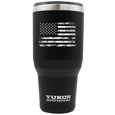 #ad YUKON OUTFITTERS Freedom 40oz Black with Vintage USA Flag Engraving Tumbler