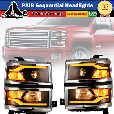 #ad For 14 15 Chevy Silverado 1500 LED DRL Chrome Sequential Projector Headlights
