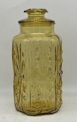 #ad #ad VTG FEDERAL Amber Yellow Glass Canister Jar Atterbury Scroll MCM 11.5quot;