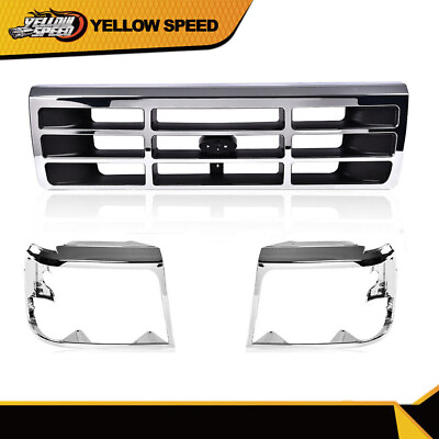 #ad Fit For 92 96 Ford F150 F250 Bronco 1992 1996 Grille Headlight Door Chrome 3 Pcs