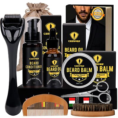 #ad Beard Growth Kit Derma Roller Boosts Hair Mustache Serum Oil Balm Men Care Gift