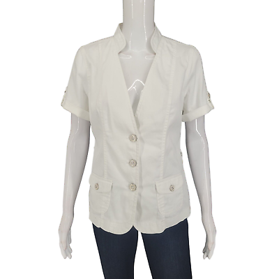 #ad Nue Options Buttoned Shirt Jacket Medium Sz White Cotton Spandex Top w Pockets