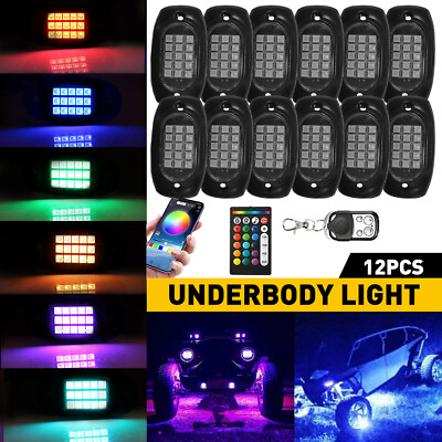 #ad 12PCS RGB LED Rock Lights Kit Underbody Neon Light Pods Bluetooth App US STOCK