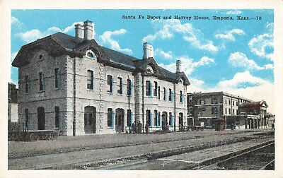 #ad Postcard Santa Fe Railroad Depot amp; Harvey House in Emporia Kansas