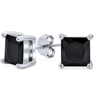 #ad 925 Sterling Silver Black Onyx Cubic Zirconia Square Stud Earrings Men Women