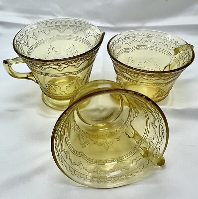 #ad 1930#x27;s Federal Amber Yellow Madrid Depression 2 Glass Tea Cups amp; 1 Creamer
