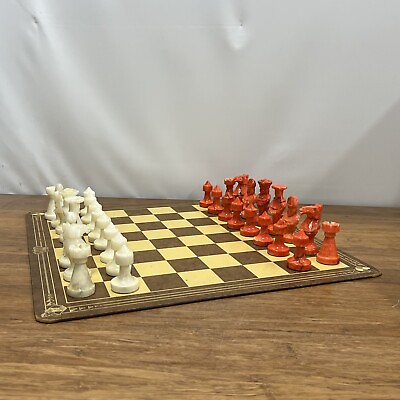 #ad VTG MCM Mid Modern Made Italy Marble? Chess Set Red Ivory White Marble 3quot; King