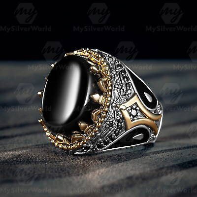 #ad 925 Sterling Silver Black Enameled Onyx Stone Turkish Handmade Men#x27;s Ring