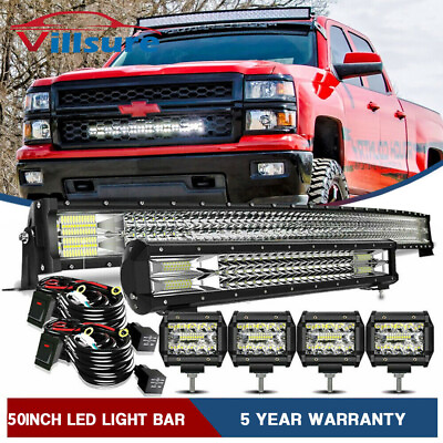 50quot; LED Light Bar Curved 20#x27;#x27; Lamp 4x Pod COMBO For Chevy Silverado GMC Sierra