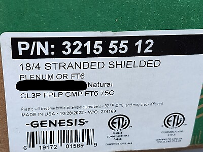 #ad Honeywell Genesis 3215 18 4C Plenum Shielded Security Control Cable White 50ft