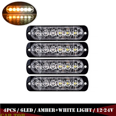 #ad 4x Amber White 6LED Truck Emergency Beacon Warn Hazard Flash Strobe Light 12 24V
