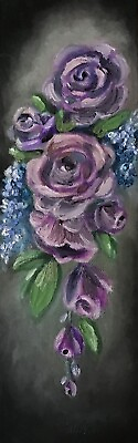 #ad Oil Painting Purple Roses Spray Original Impasto 12quot;x3.75quot; Canvas Cottage OOAK