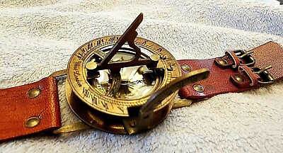 #ad Sun Dial Leather Watch Brass Compass Leather Antique Old Gold Lustre Unusual UK