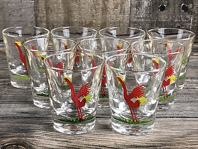 #ad 9 Vintage MCM Federal Red Rooster Shot Glasses Barware