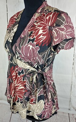 #ad Monsoon Womens Medium 8 EU Size 36 Wrap Top V Neck Floral Cap Sleeve Silk Blouse