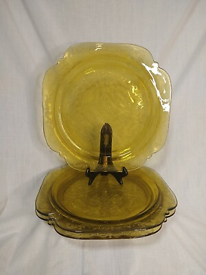 #ad 3 SET Federal Amber Yellow Depression Glass Madrid Square 10quot; Dinner Plate quot;76quot;