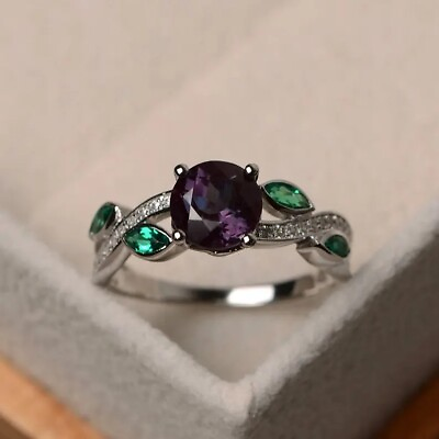 #ad Round cut alexandrite engagement ringleaf shaped unique twist band silver ring