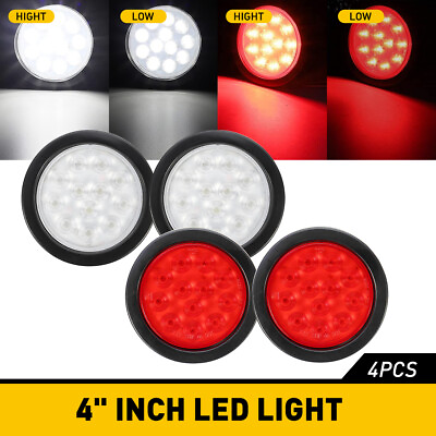 #ad 4quot; LED Round Stop Turn Tail Backup Reverse Truck Trailer Lights 2 Red 2 White