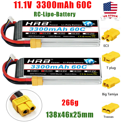 #ad 2x HRB 11.1V 3S LiPo Battery 3300mAh XT60 Plug for RC Helicopter Airplane Car
