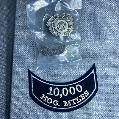 #ad Harley Davidson Owners Group HOG Member 10000 miles Mileage Patch amp; Pin Set