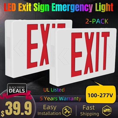 #ad 2 Pack Red LED Emergency Exit Light Sign Battery Backup UL924 Fire AC120 277V