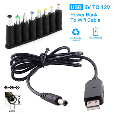 #ad DC 5V To 12V Power Supply USB to 5.5 x 2.1mm Jack Plug Charger Cable With 8 Tips