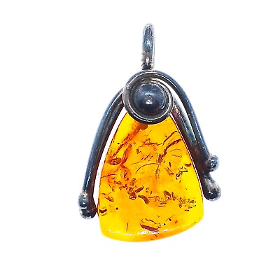 #ad Sterling Silver Amber Pendant 34.5mm Long