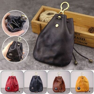 #ad Retro Genuine Leather Coin Purse Pouch Drawstring Wallet Car Key Bag Hanging Bag