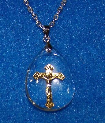 #ad Gold cross clear teardrop female pendant 925 Silver 20quot; Necklace FREE GIFT BOX