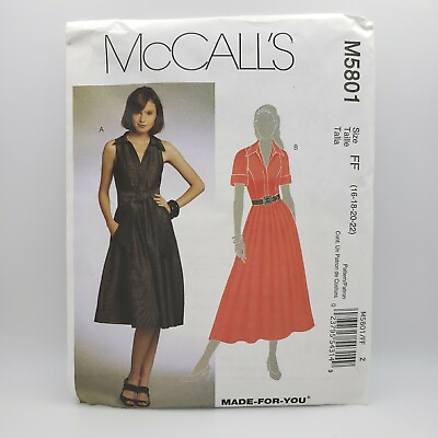#ad McCall#x27;s M5801 Collared Dress and Sash Sewing Pattern Plus Size 16 22 Uncut