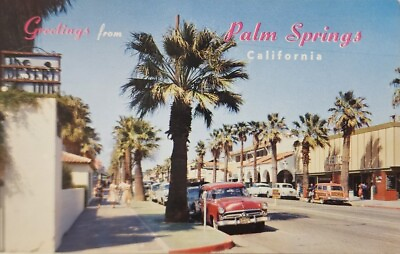 #ad PALM SPRINGS Palm Canyon Drive Street Scene Roadside c1950s Postcard Old Cars CA