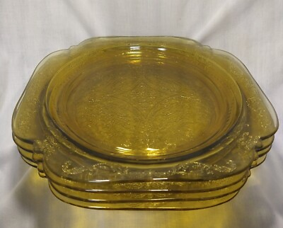 #ad SET of 4 Federal Amber Yellow Depression Glass Madrid Square Dinner Plate quot;76quot;