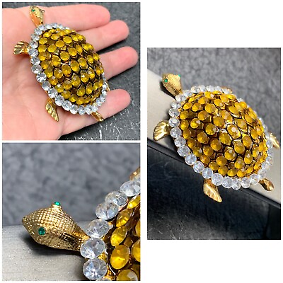 #ad Pin brooch pendant pave rhinestones cute large turtle yellow clear gold gift