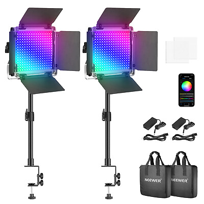 Neewer 2 Pack Dimmable 530 PRO RGB Led Video Light Kit with Tabletop Clip Stand