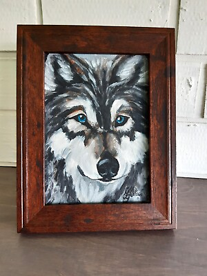 #ad Wolf Original Painting Animal Art Framed 7 by 5 Wildlife Wolves Oil Wall Art
