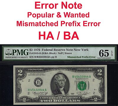 #ad 1976 $2 Federal Reserve Note PMG 65EPQ popular mismatched prefix error HA BA
