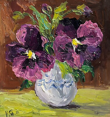 #ad Original Art Impasto Oil Painting Flower Pansies Floral Still life Signed 7x7.5
