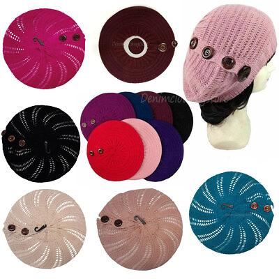 #ad Women#x27;s Fall Spring Winter Crochet Knit Slouchy Beanie Beret Cap Hat 4 Buttons